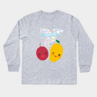 Kawaii lychee and mango with pink cheeks and winking eyes Kids Long Sleeve T-Shirt